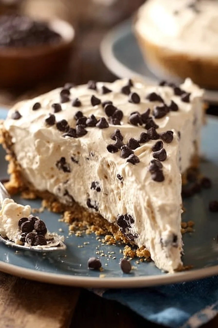 Delicious chocolate chip peanut butter pie with melted chocolate chips and creamy filling.