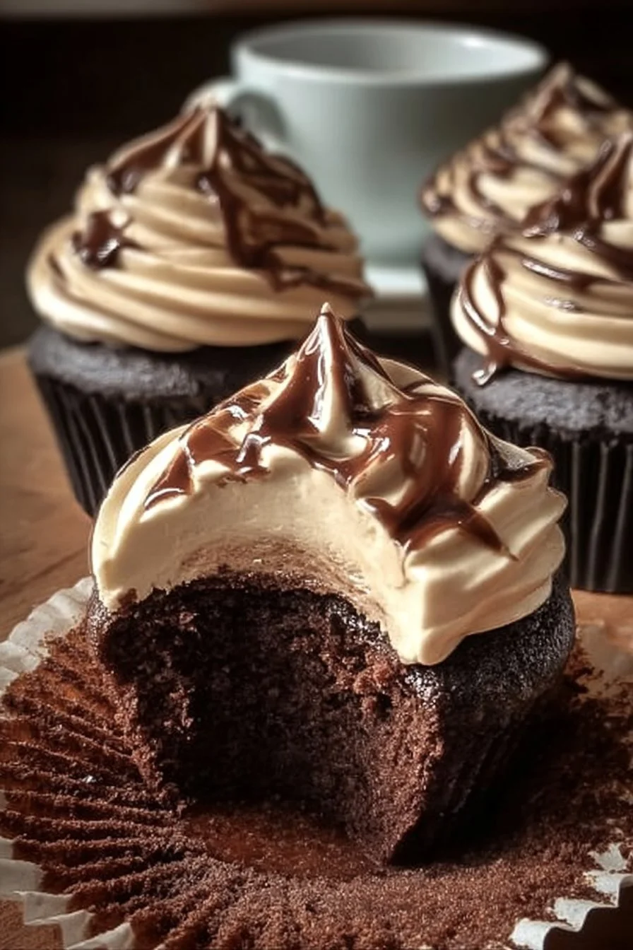 Delicious Chocolate Coffee Cream Cupcakes topped with espresso-infused cream