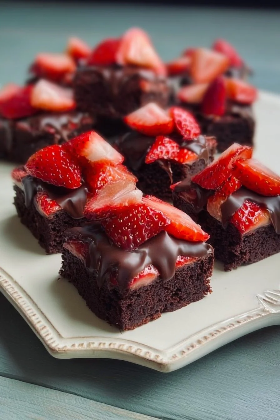 Delicious chocolate covered strawberry brownies with fresh fruit on top