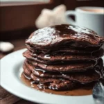 Delicious chocolate pancakes stacked high with syrup and chocolate drizzle