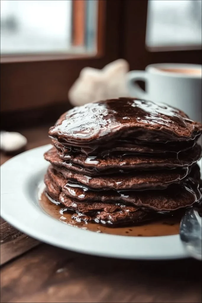Delicious chocolate pancakes stacked high with syrup and chocolate drizzle