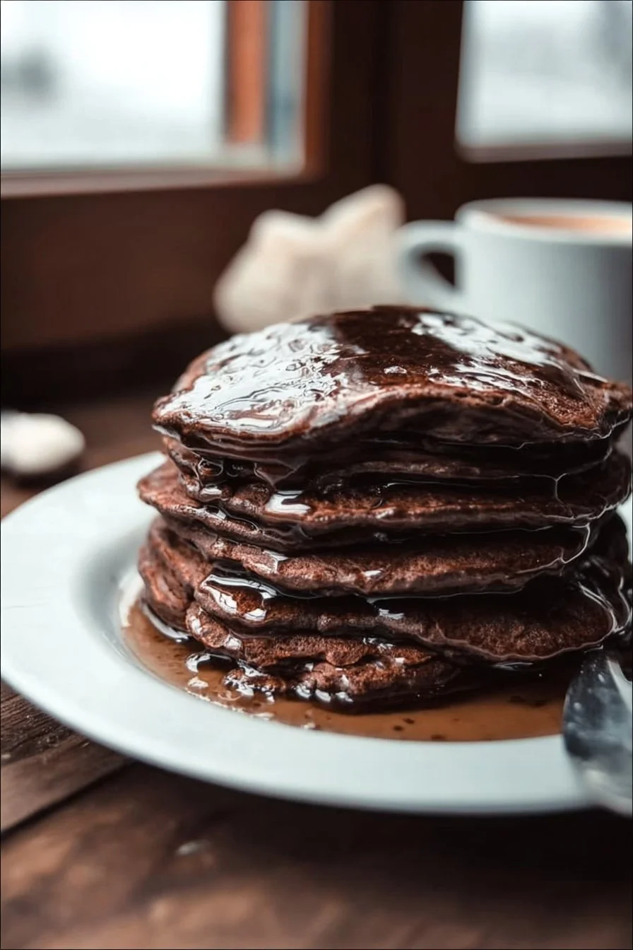 Delicious chocolate pancakes stacked high with syrup and chocolate drizzle