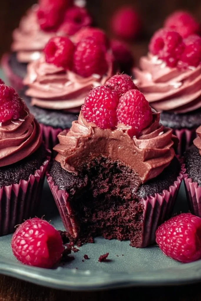 Delicious Chocolate Raspberry Cupcakes topped with fresh raspberries and chocolate frosting.
