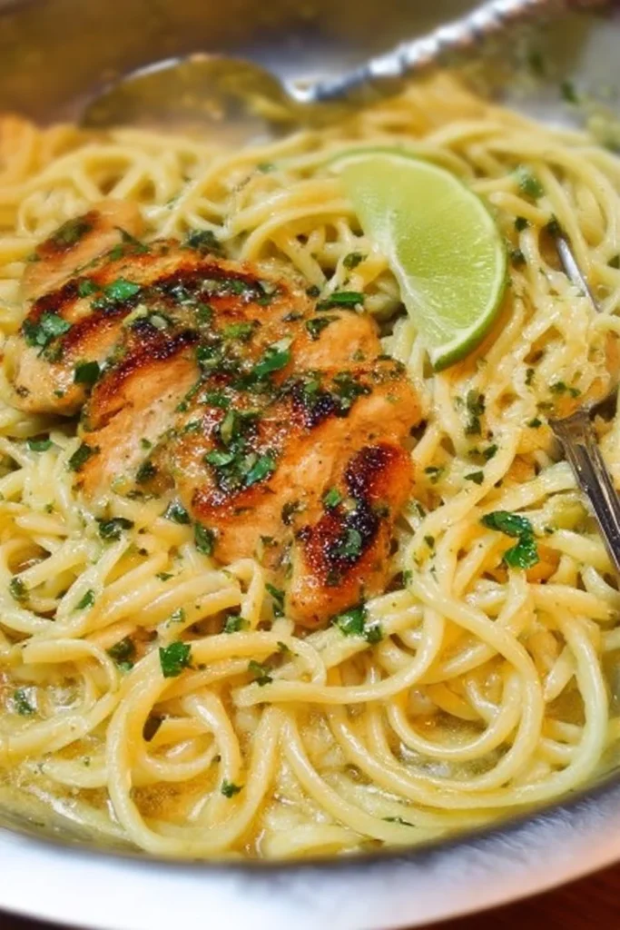 Cilantro-Lime Chicken Pasta garnished with fresh cilantro and lime slices
