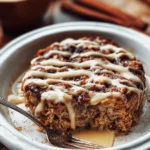 A bowl of Cinnamon Roll Baked Oatmeal topped with icing and cinnamon