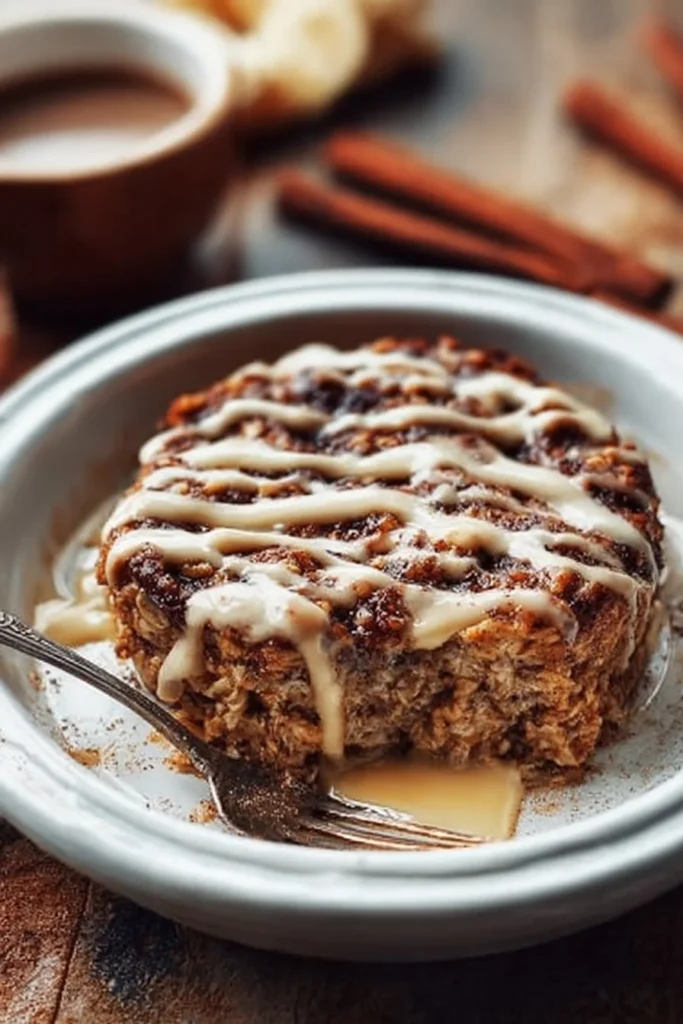 A bowl of Cinnamon Roll Baked Oatmeal topped with icing and cinnamon