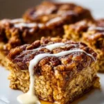 Cinnamon roll baked oatmeal square topped with icing and cinnamon