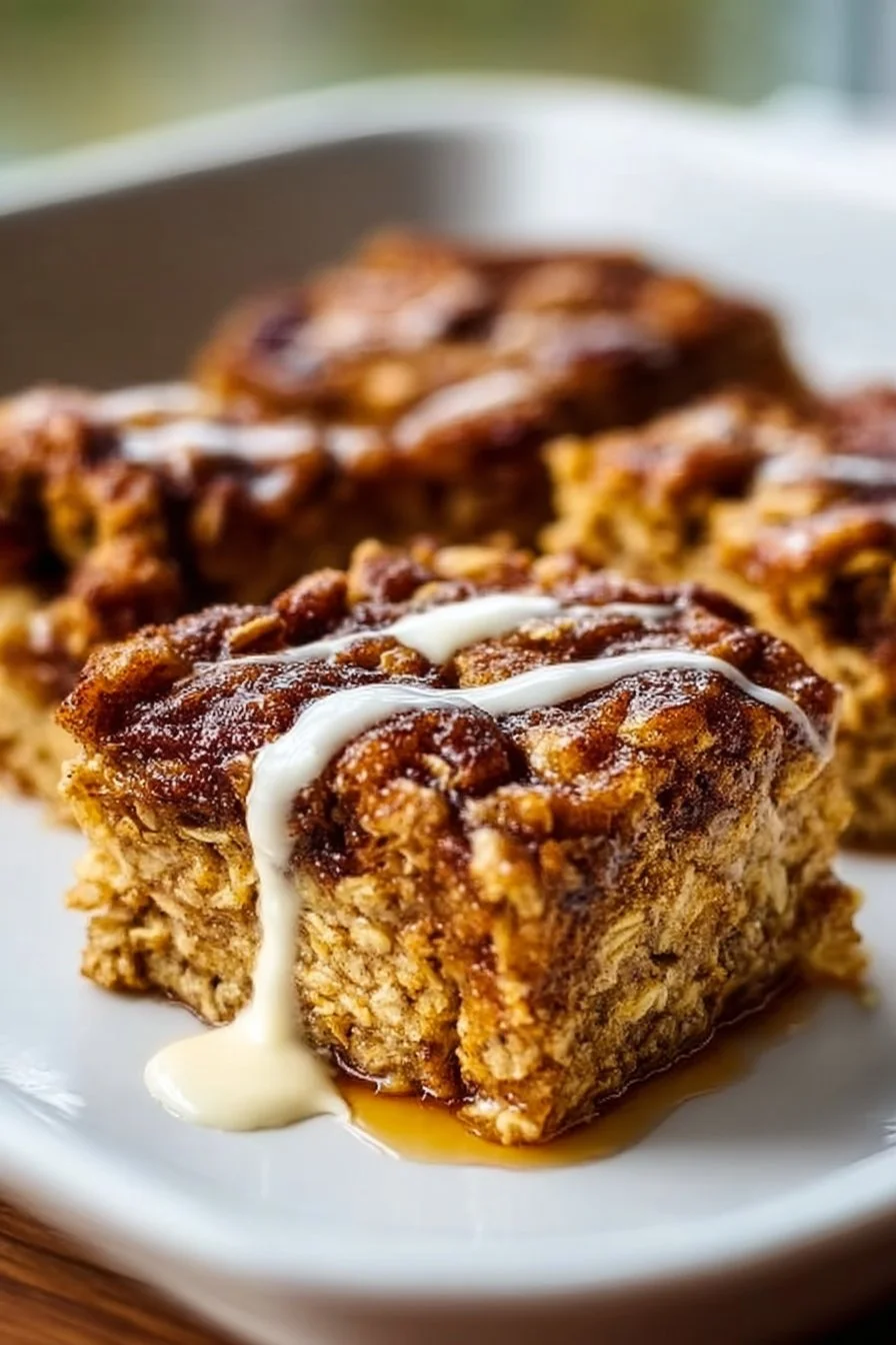 Cinnamon roll baked oatmeal square topped with icing and cinnamon