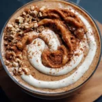 Cinnamon roll smoothie bowl topped with nuts and cinnamon spice