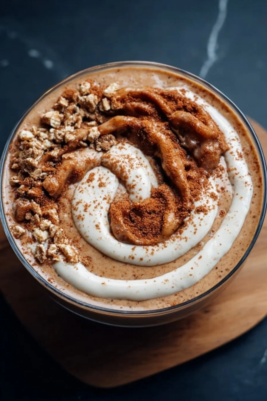 Cinnamon roll smoothie bowl topped with nuts and cinnamon spice