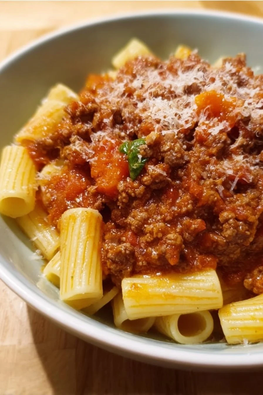 A bowl of Classic Bolognese Sauce served with pasta and fresh basil.