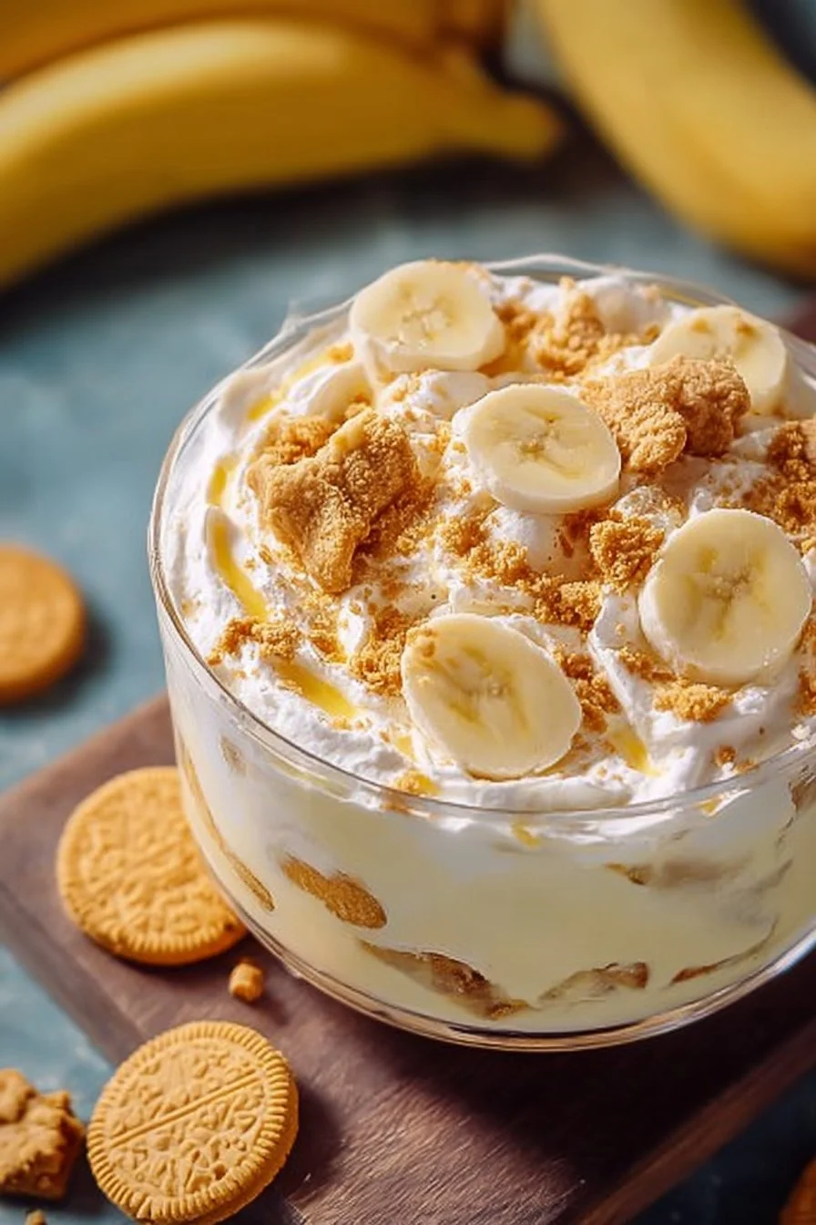 Classic Golden Oreo Banana Pudding served in a glass bowl, topped with banana slices.