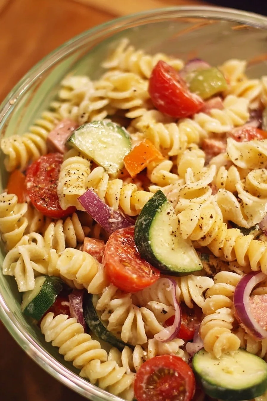 Delicious classic pasta salad with fresh vegetables and dressing