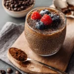 Coffee Chia Seed Pudding topped with chocolate and nuts