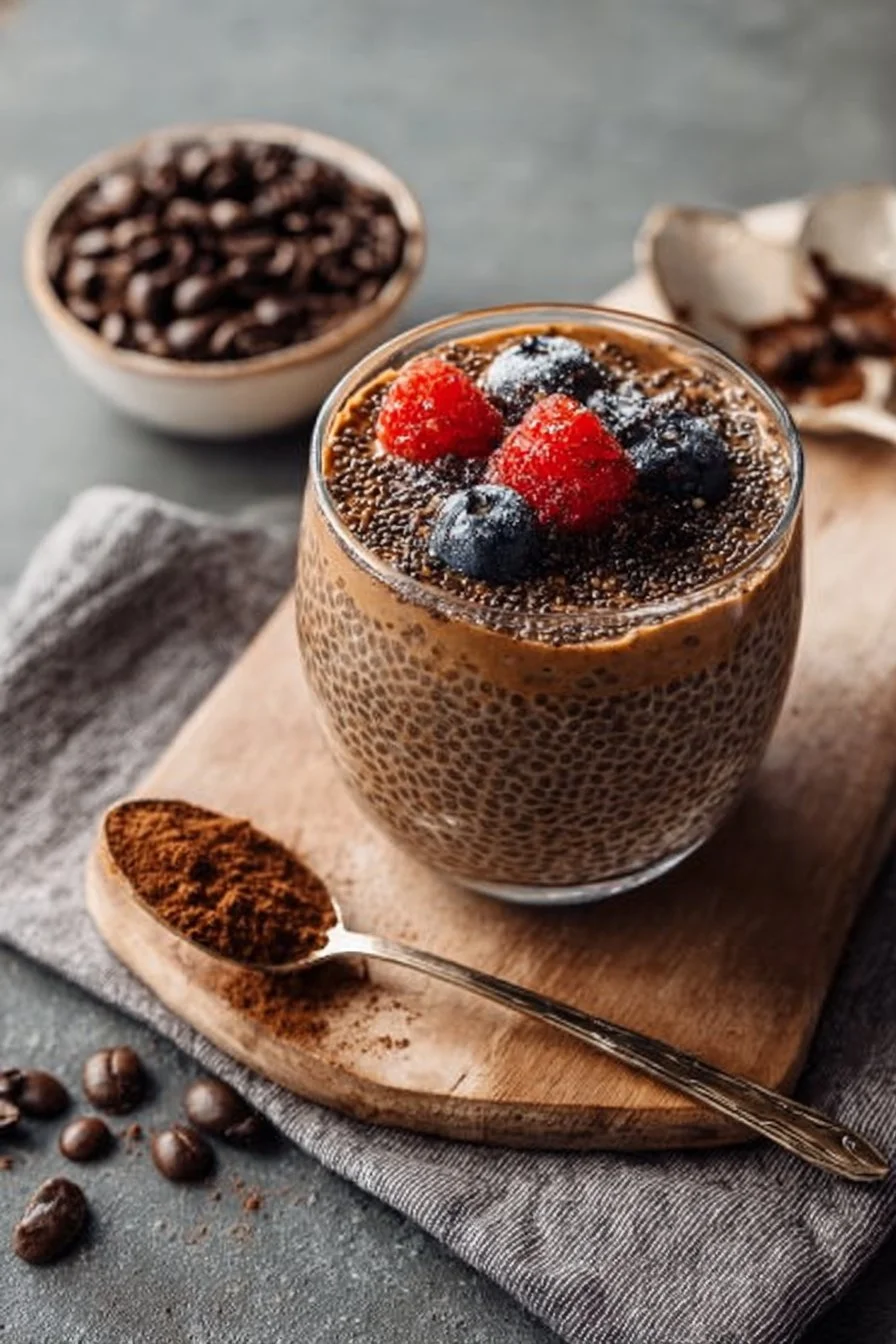 Coffee Chia Seed Pudding topped with chocolate and nuts