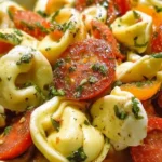 Delicious cold tortellini pasta salad served in a bowl with fresh vegetables.