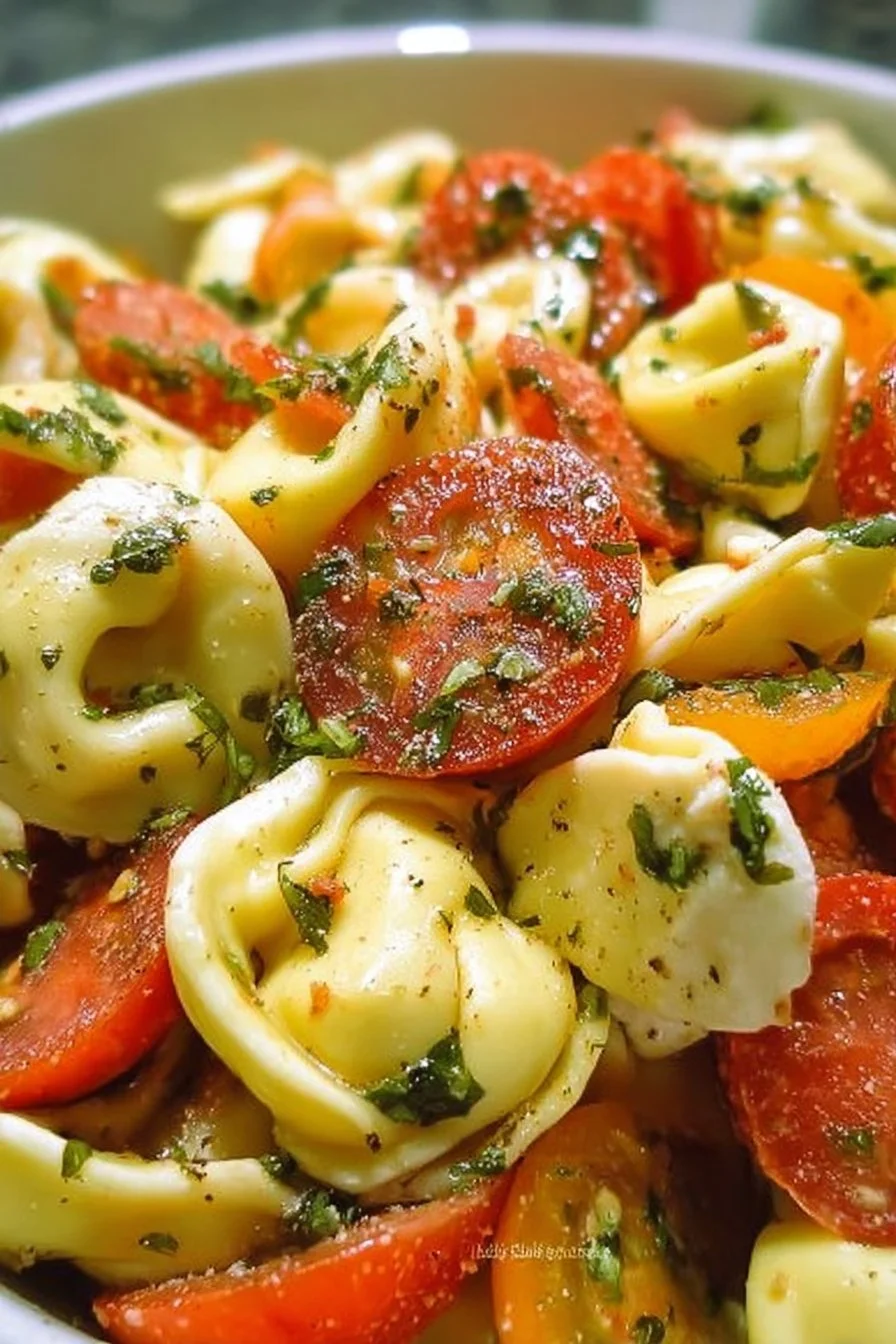 Delicious cold tortellini pasta salad served in a bowl with fresh vegetables.