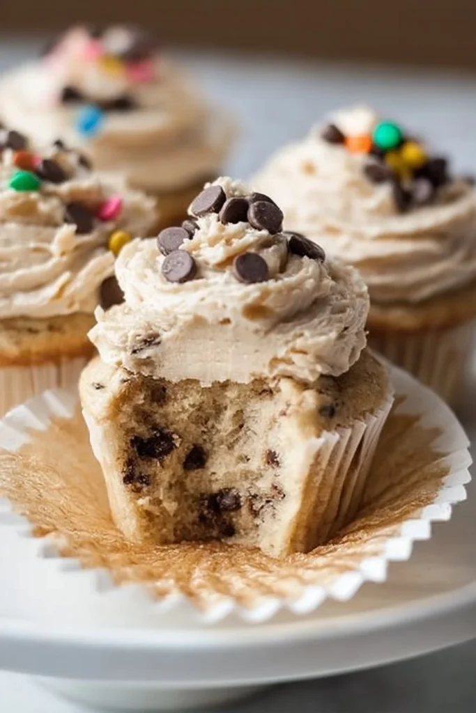 Delicious Cookie Dough Cupcakes with cookie dough frosting and chocolate cake