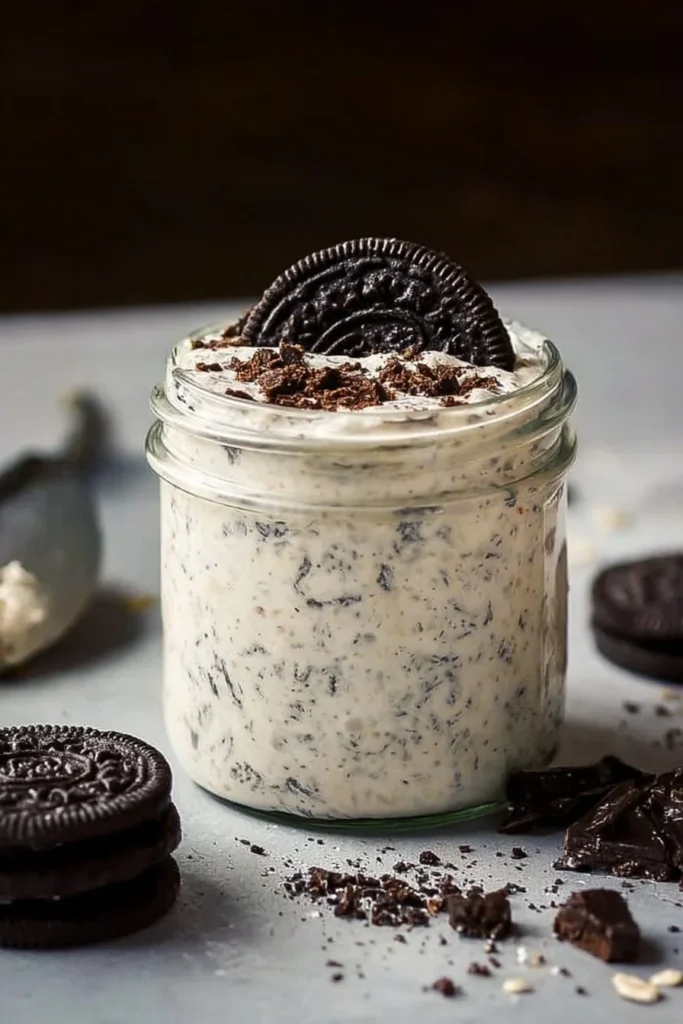 Bowl of cookies and cream overnight oats topped with chocolate and cookie crumbles.