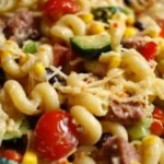 Colorful Cowboy Pasta Salad with vegetables and ranch dressing