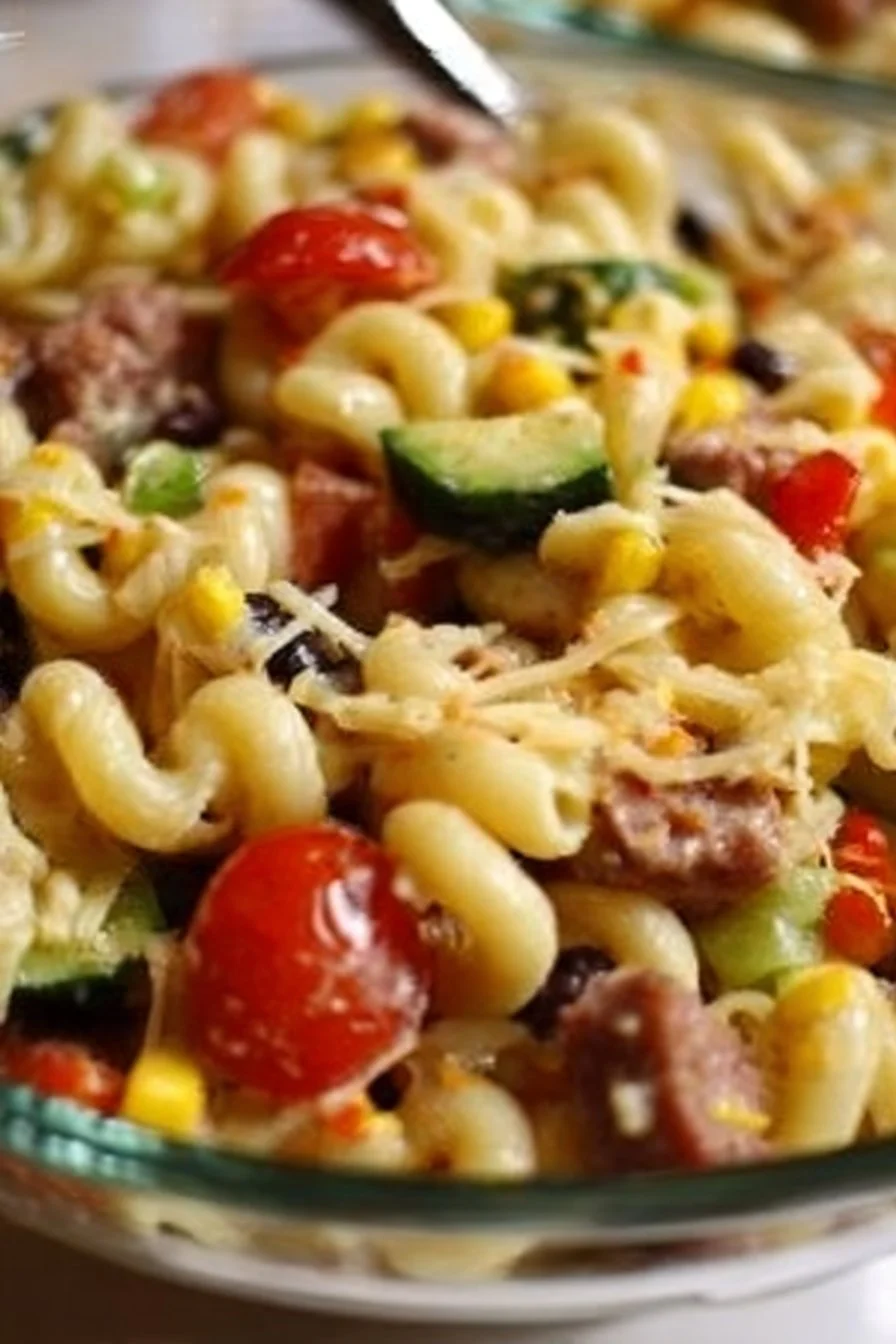 Colorful Cowboy Pasta Salad with vegetables and ranch dressing