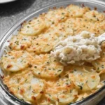 Delicious and creamy potato bake with cheese and herbs, served in a cozy setting.
