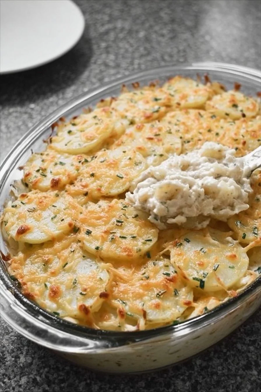 Delicious and creamy potato bake with cheese and herbs, served in a cozy setting.