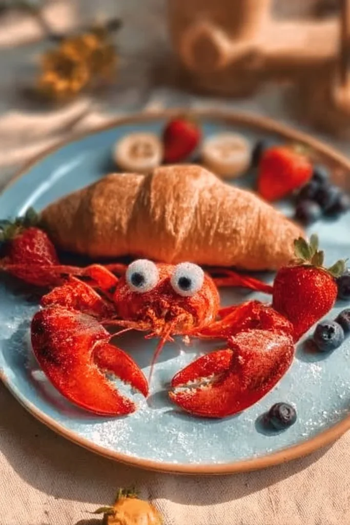 Crab Croissant with strawberry, banana, and blueberry toppings for a delightful treat.