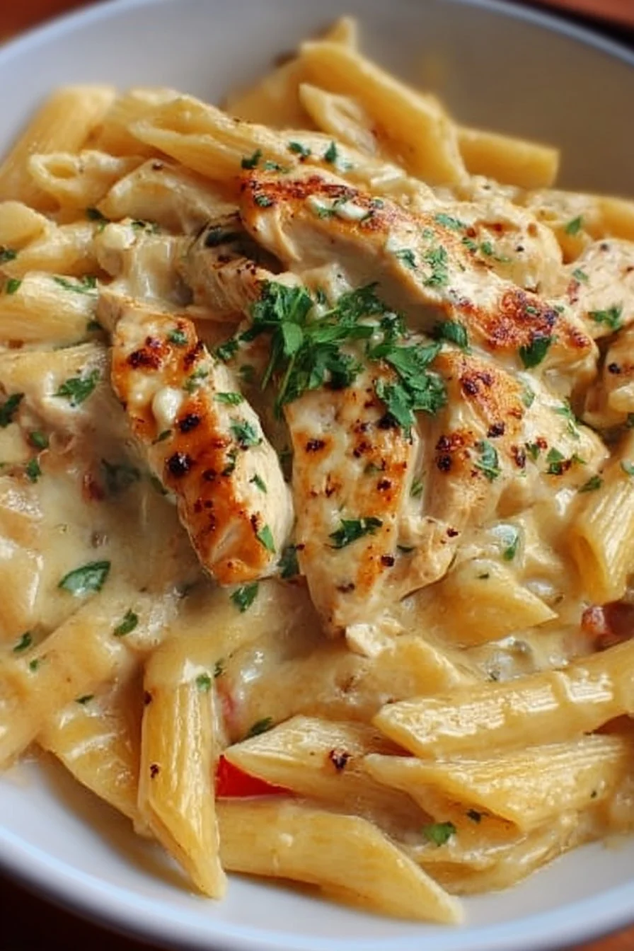 Delicious plate of Crac Chicken Penne served with creamy sauce and herbs.