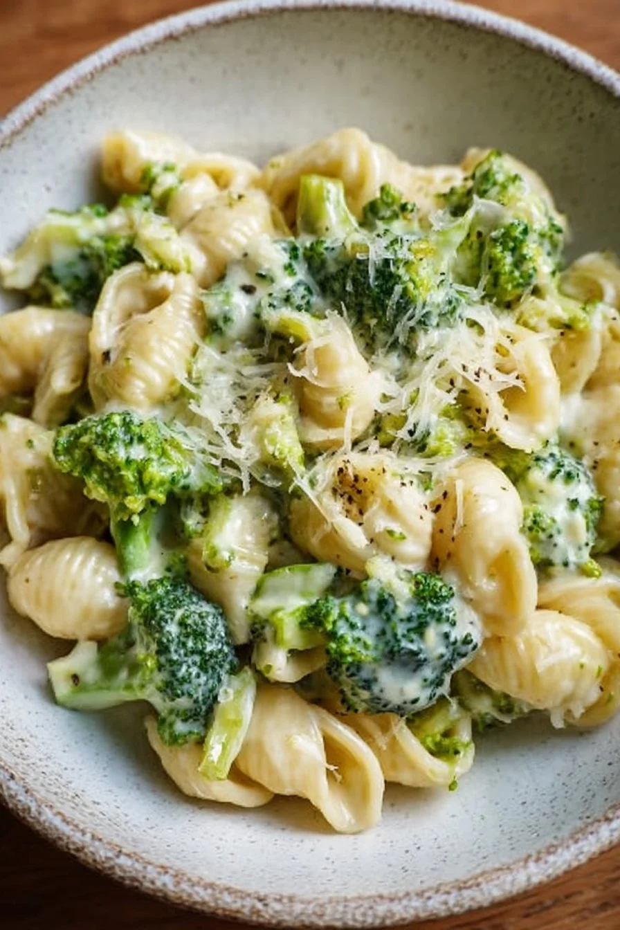 Creamy broccoli pasta dish with fresh ingredients served in a bowl.