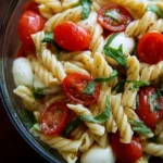 Creamy Caprese pasta salad with fresh tomatoes, mozzarella, and basil.