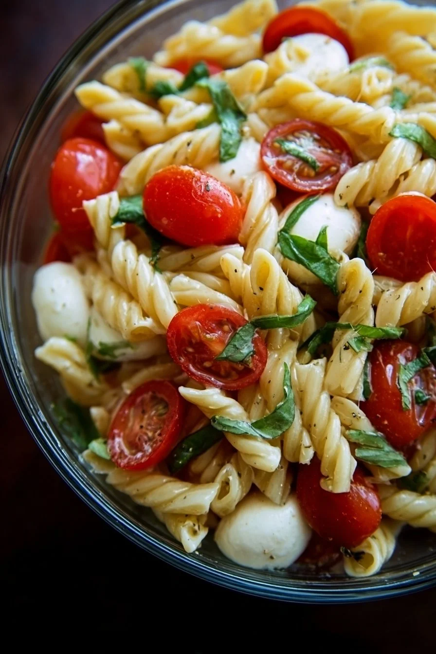 Creamy Caprese pasta salad with fresh tomatoes, mozzarella, and basil.
