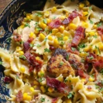Creamy chicken pasta with corn and bacon in a white bowl