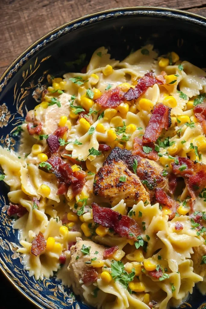 Creamy chicken pasta with corn and bacon in a white bowl
