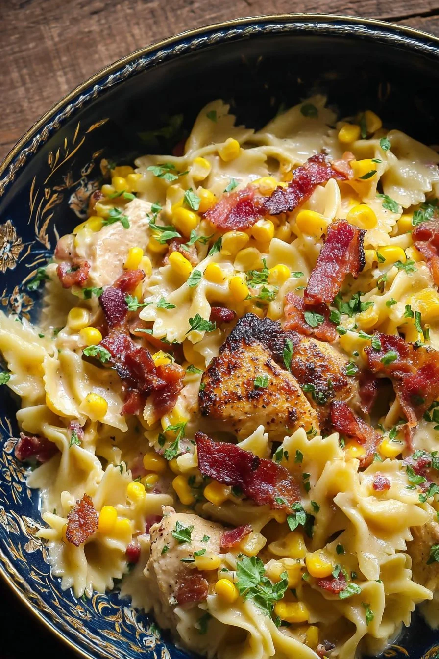 Creamy chicken pasta with corn and bacon in a white bowl
