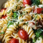 Creamy chicken broccoli pasta dish served in a plate with garlic bread