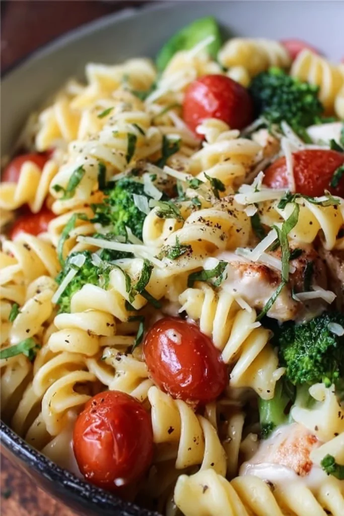 Creamy chicken broccoli pasta dish served in a plate with garlic bread