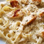Creamy Chicken Fettuccine Alfredo dish garnished with parsley and served in a bowl