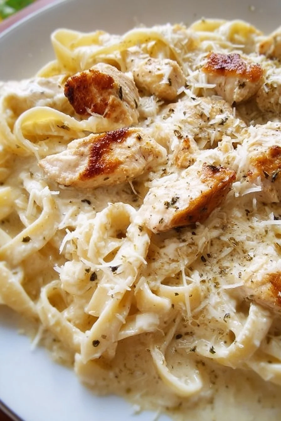 Creamy Chicken Fettuccine Alfredo dish garnished with parsley and served in a bowl