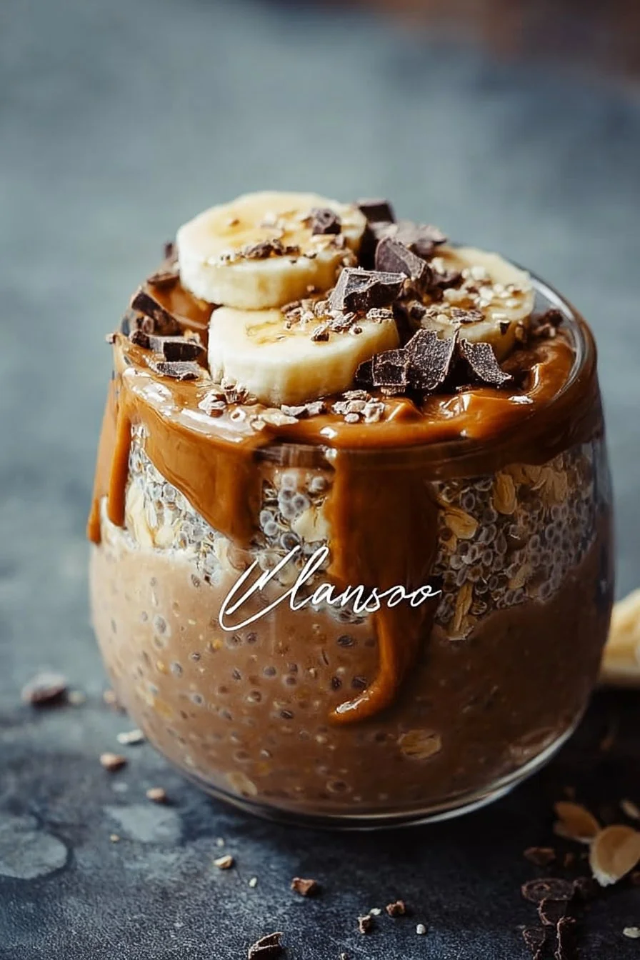 Creamy chocolate peanut butter overnight oats in a glass jar