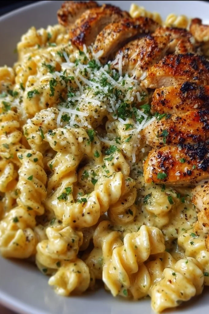 Creamy garlic parmesan chicken pasta served in a bowl with herbs on top.