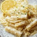 Delicious creamy lemon pasta garnished with fresh parsley and lemon slices.