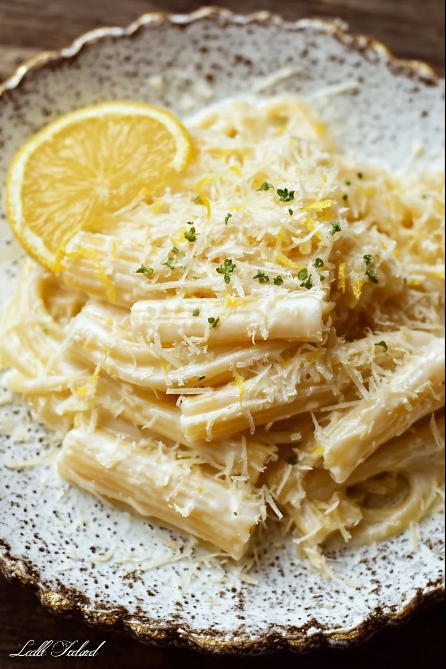 Delicious creamy lemon pasta garnished with fresh parsley and lemon slices.