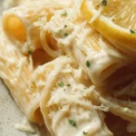Creamy lemon pasta dish with herbs and ingredients garnished on a plate.