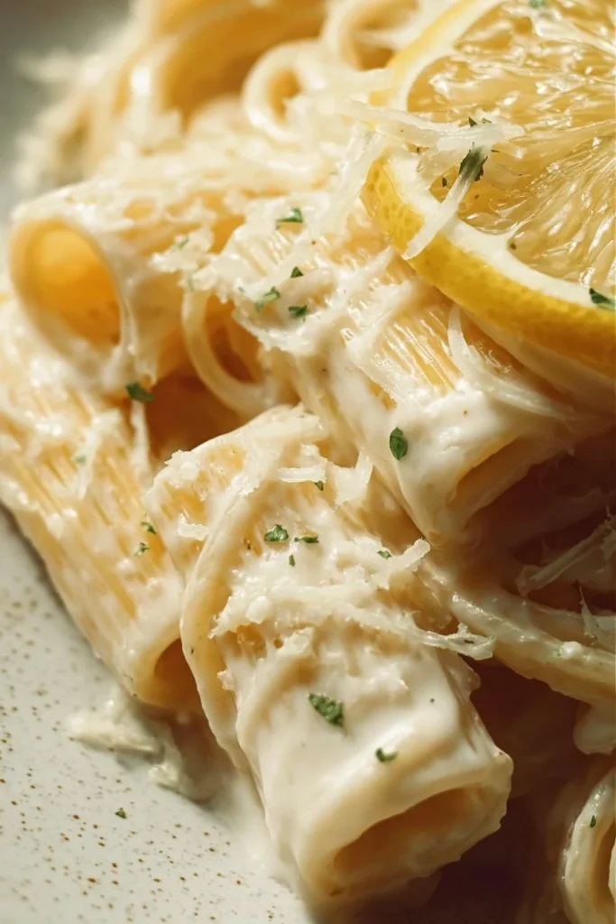 Creamy lemon pasta dish with herbs and ingredients garnished on a plate.