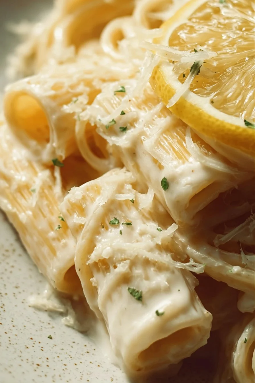 Creamy lemon pasta dish with herbs and ingredients garnished on a plate.