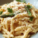 Creamy lemon white bean pasta dish garnished with fresh herbs.