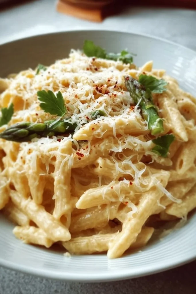 Creamy lemon white bean pasta dish garnished with fresh herbs.
