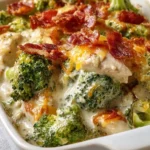 Creamy low carb chicken casserole with broccoli and bacon in a baking dish