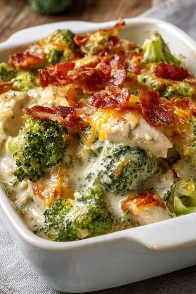 Creamy low carb chicken casserole with broccoli and bacon in a baking dish